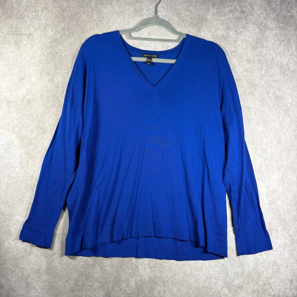 Eileen Fisher Sweater Womens Large Blue Knit V-Neck Long Sleeves Pullover Casual